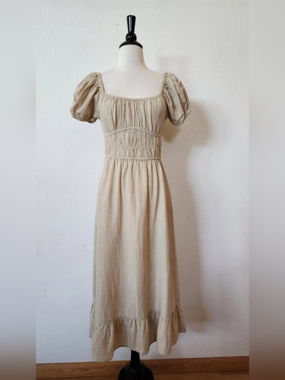 Beige Puff-Sleeve Midi Dress - Classic Feminine Style